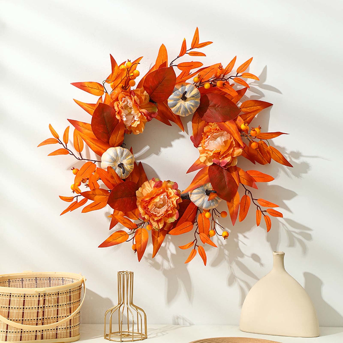 YIKA Halloween Decoration Fall Peony And Pumpkin Wreath Colorful Decorative Garland Home Decoration And Ornaments Suitable For Decoration In Multiple Scenarios F3Halloween Yard Decor