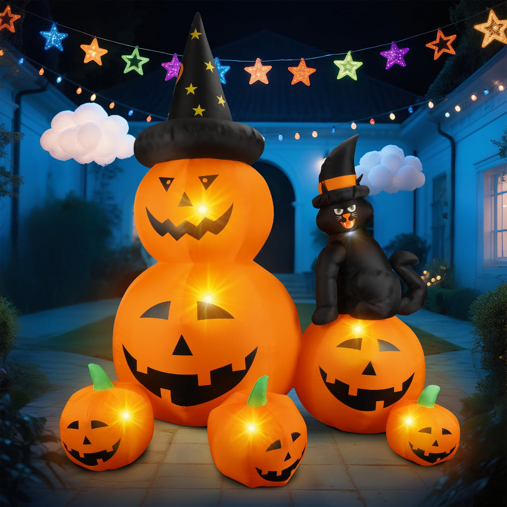 MAGOTAN 8 ft Halloween Inflatable Pumpkin Halloween Inflatable Pumpkins Ghost Tombstone Outdoor Yard Decoration Build-in 7 LED White Lights