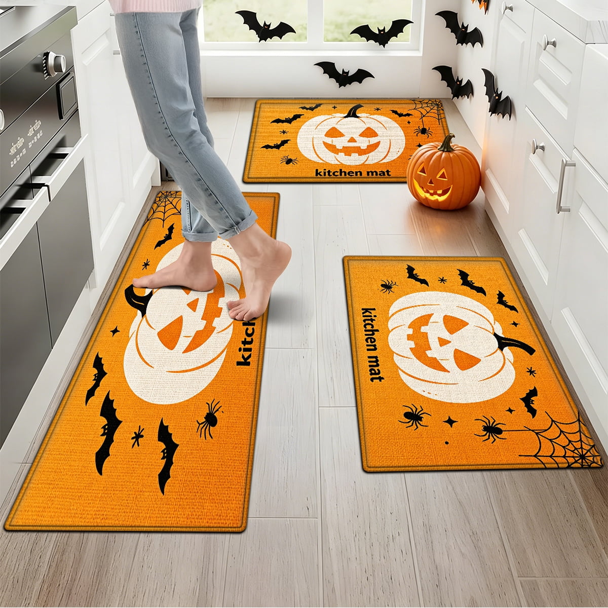 YIMEIS Halloween Orange Ghost Pumpkin Black Cat 1Pc Flannel Mat & Kitchen Rugs,Soft Non-slip,16''×24'' Inches,for Entryway Bathroom