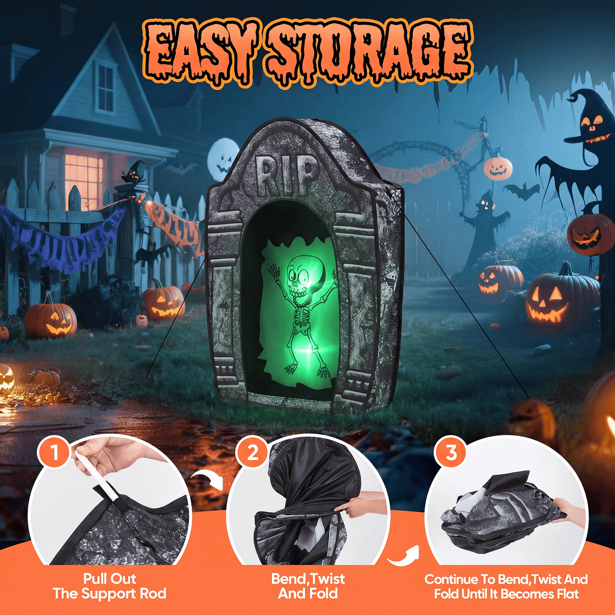 Toiyjofe 3.5ft Large Halloween Tombstone Decoration with LED Skull Eyes, Battery Powered Foldable Graveyard Decor for Lawn, Garden & Haunted House