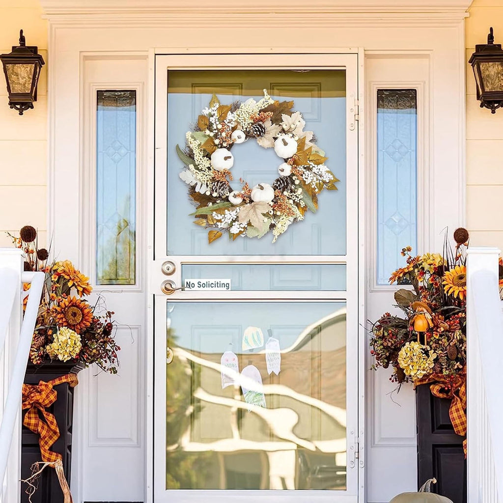 Autumn Wreath 14 Inch Fall Decor for Home Front Door with Artificial Maple Leaf Pumpkin Berry Pinecone Harvest Thanksgiving Halloween Farmhouse Seasonal Decorations Indoor Outdoor,
