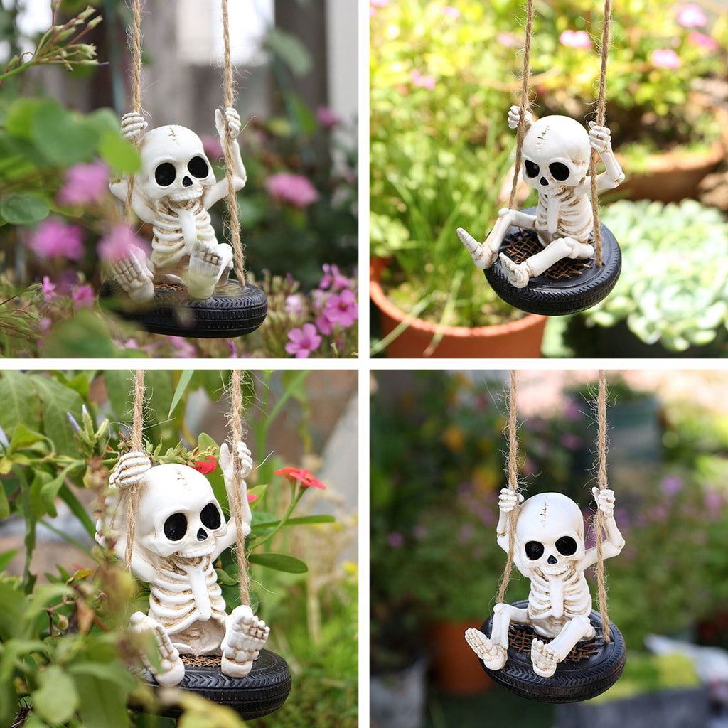 Zatoumnr Skeleton on Tire Swing Sculpture, Creepy Outdoor Hanging Accent for Halloween Porch and Yard