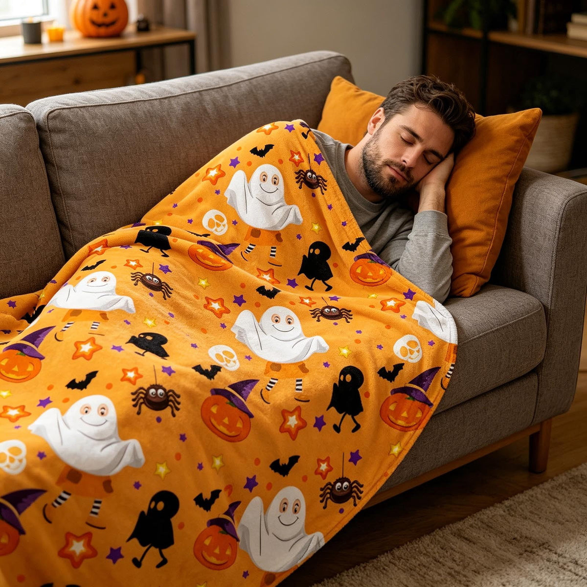 Halloween blanket,Halloween Print Throw Blanket Flannel Soft Cozy Decorative Nap Blanket with Ghost Pumpkin Skull for Office Bedroom Sofa Camping Travel(100x150cm/39x59 Inch),Black