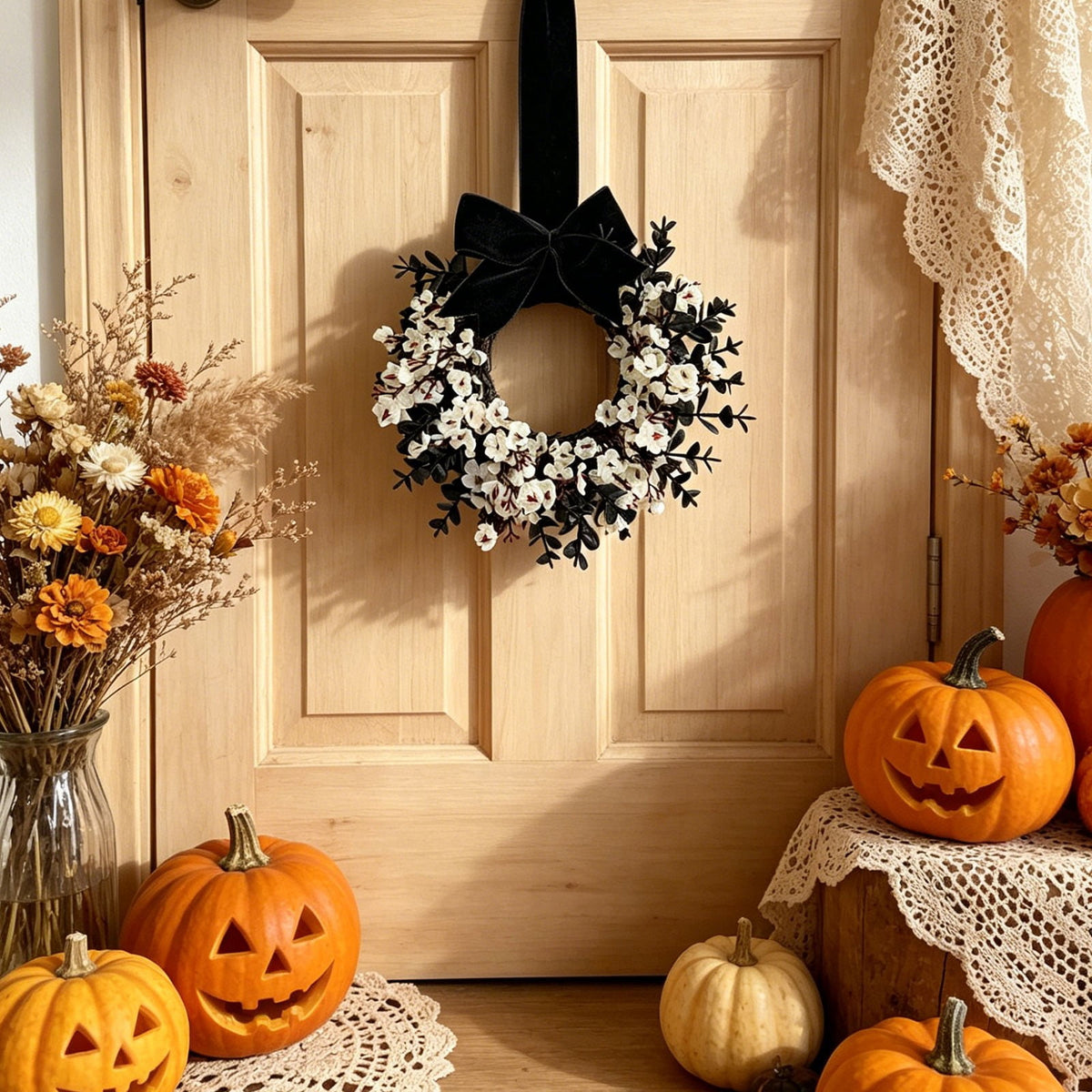 Halloween Star Shaped Bow Wreath for Window Door Display, Autumn Festival Artificial Wreath Decor