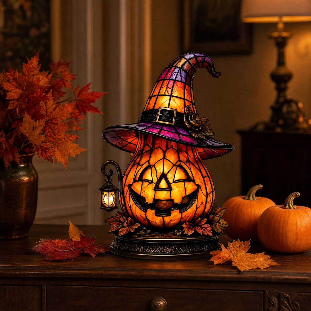 BZPIZ Witch Hat Lamp Handcrafted Retro Resin Stained Witch Hat Desk Lamp Halloween Home Decor Gothic Wizard Hats Night Light for Bedroom & Bookshelf