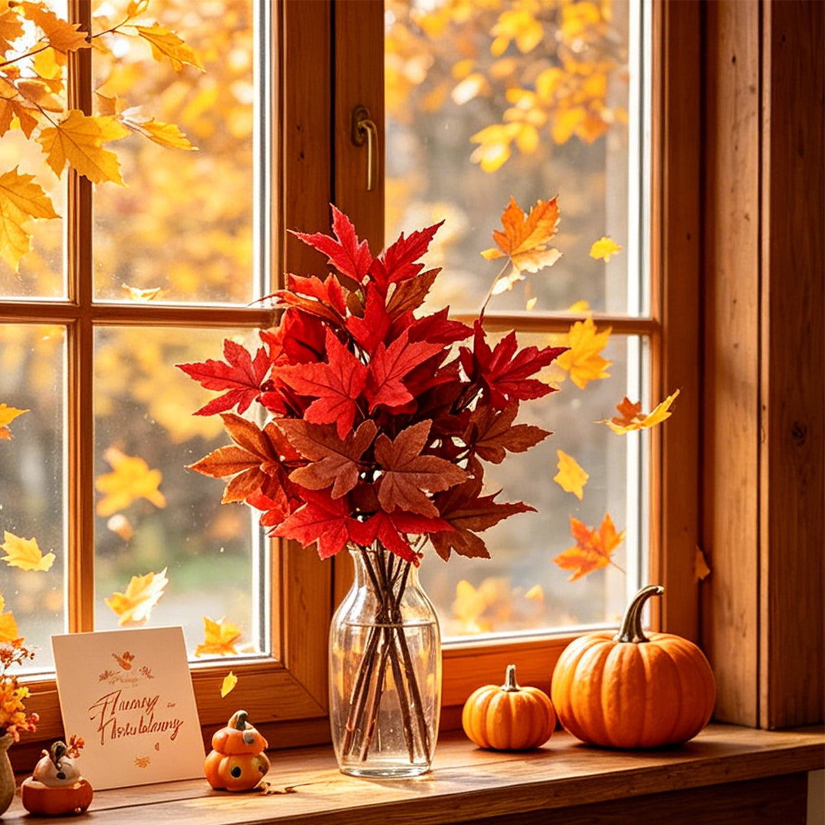 SPOORYYO 2Pcs Fall Maple Leaves Stems for Vase, Artificial Autumn Fake Leaves Decor, Maple Leaf Bushes Shrubs for Thanksgiving Halloween Home Farmhouse Table Centerpiece, 12.99" x 7.87"