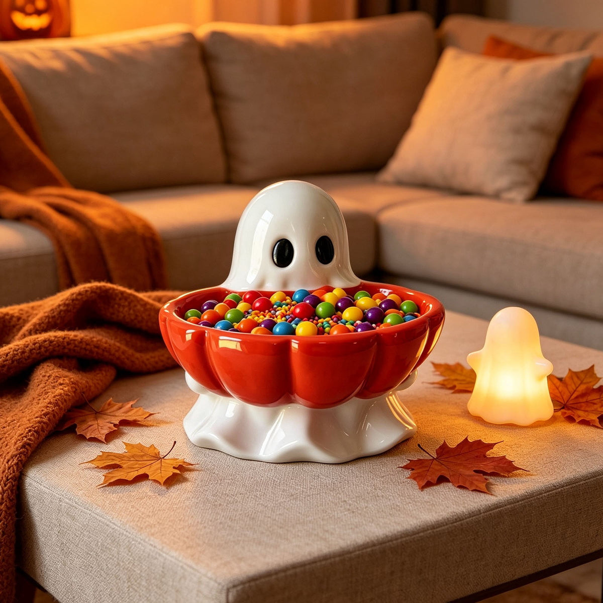 Halloween Decoration Ghost Figurine 11in Resin Ghost Statues with Pumpkin Candy Bowl for Outdoor Indoor Front Door, Porch Yard Lawn Party Decor