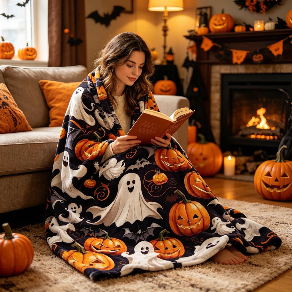 Halloween blanket,Halloween Print Throw Blanket Flannel Soft Cozy Decorative Nap Blanket with Ghost Pumpkin Skull for Office Bedroom Sofa Camping Travel(100x150cm/39x59 Inch),Black