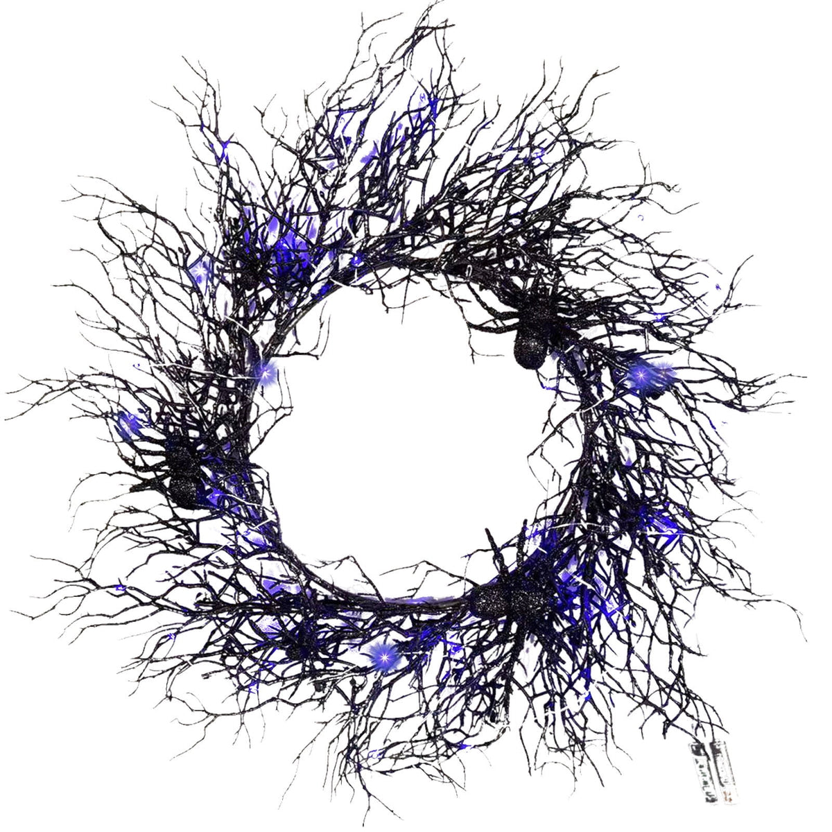18" Lighted Halloween Wreath for Front Door - Black Spider Wreath with Purple LED Lights - Battery Powered Indoor/Outdoor Decor for Porch, Parties & Spooky Home Decor