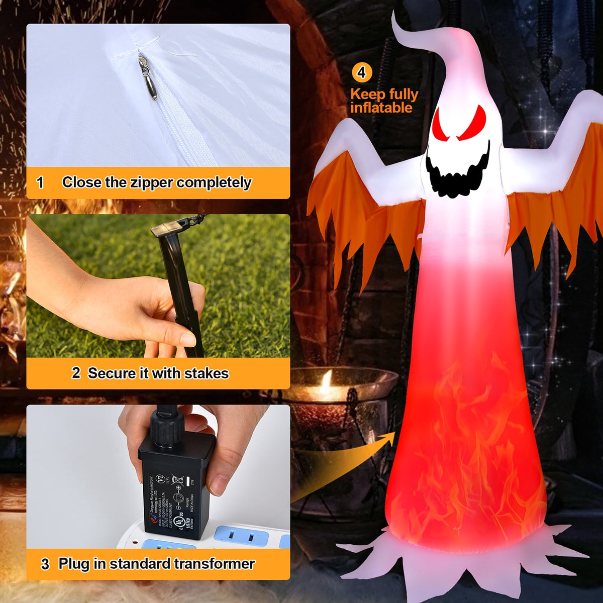 Costway 8 FT Halloween Inflatable White Ghost with Rotatable Flame LED Lights