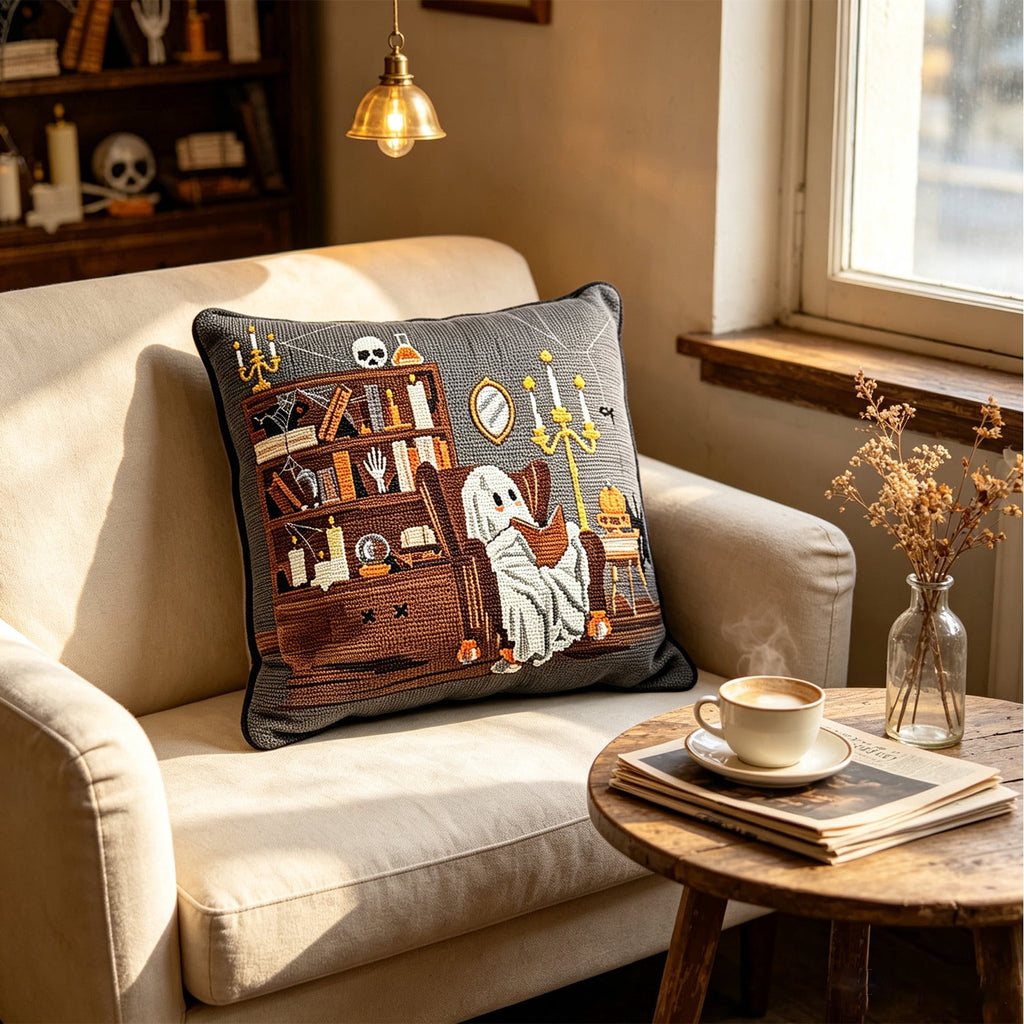 Cute Reading Ghost Plush Throw Pillow, Halloween Book & Pumpkin Bucket Ghost Stuffed Cushion, Spooky Season Decorative Pillow, for Sofa, Bedroom, Party Decor