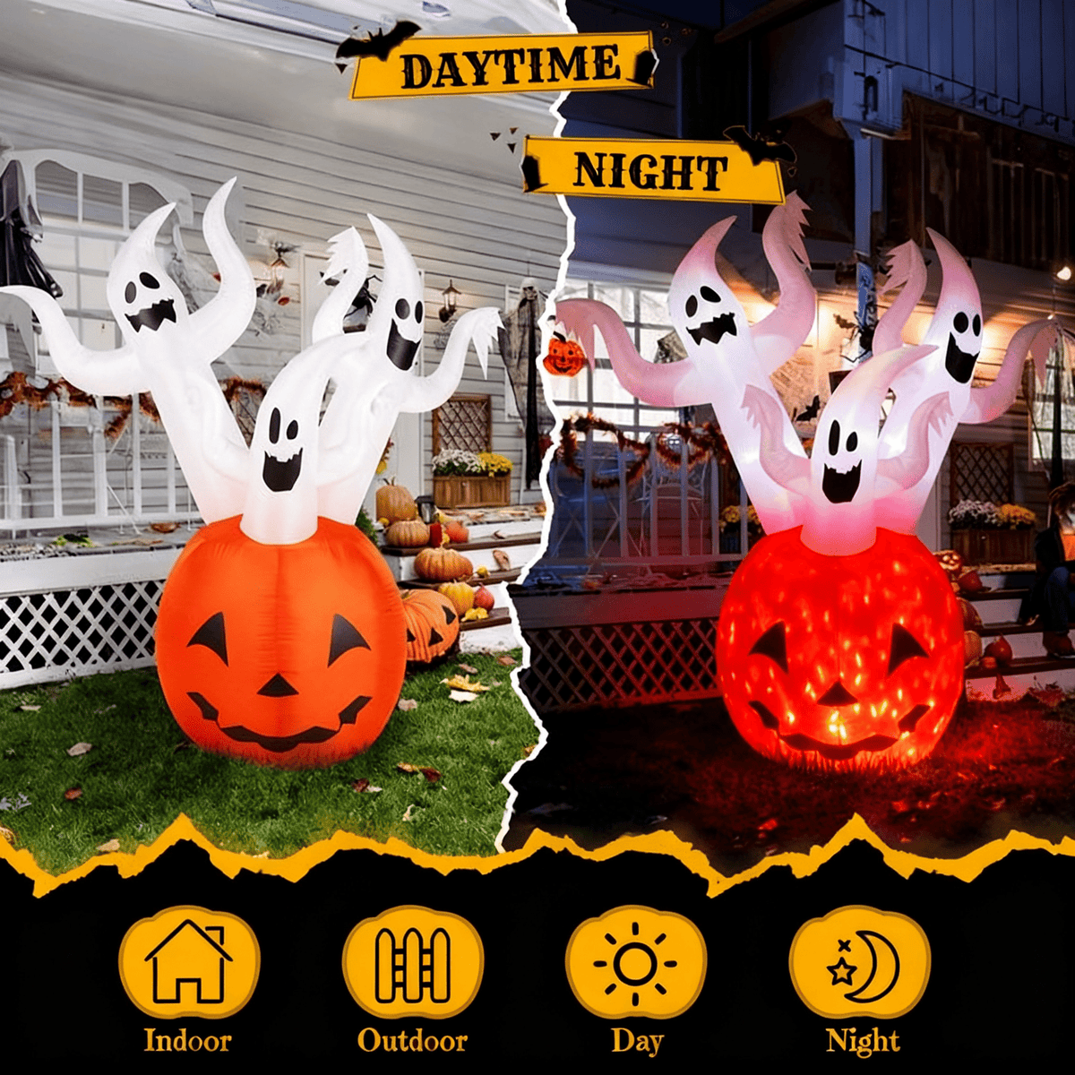 5.9FT Halloween Inflatable Pumpkin Ghost, Built-in LED Lights, Waterproof Polyester for Yard/Garden