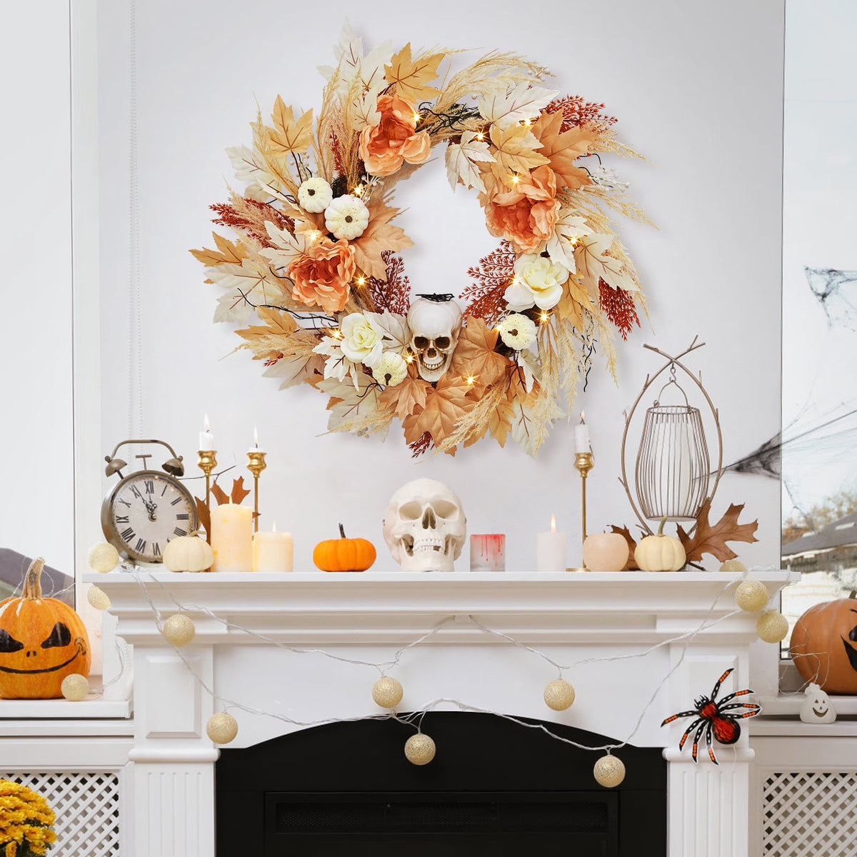 Prelit Halloween Wreath 22 Inch with Bone and Pumpkin Decor Maple Leaves Roses Spooky Fall Indoor Outdoor Wall Porch Window Front Door Decoration