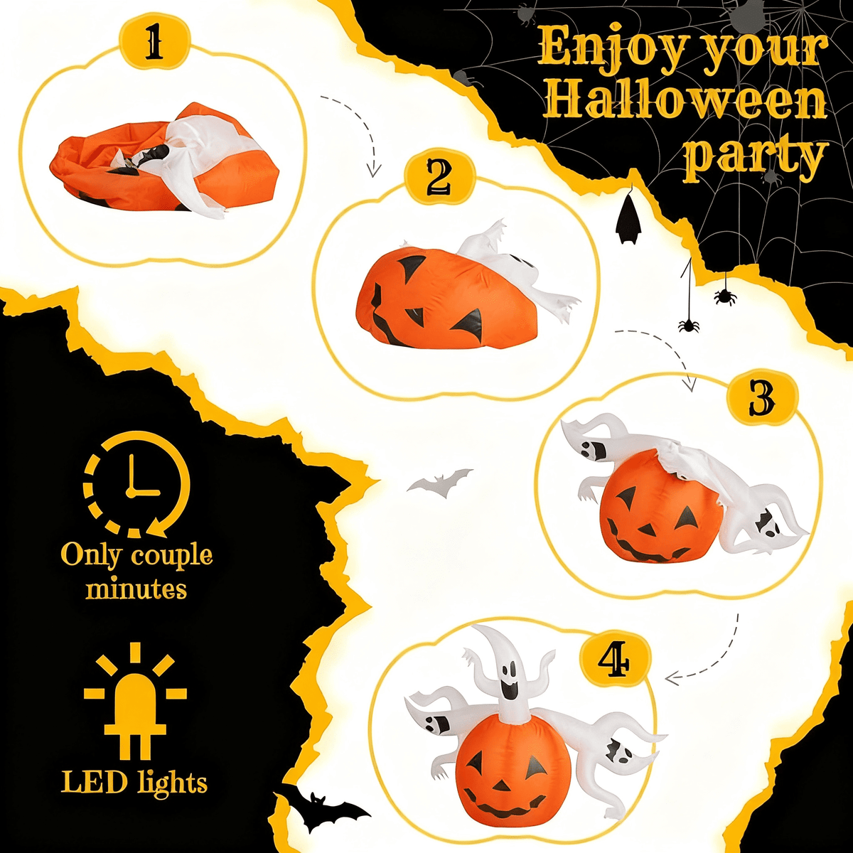5.9FT Halloween Inflatable Pumpkin Ghost, Built-in LED Lights, Waterproof Polyester for Yard/Garden