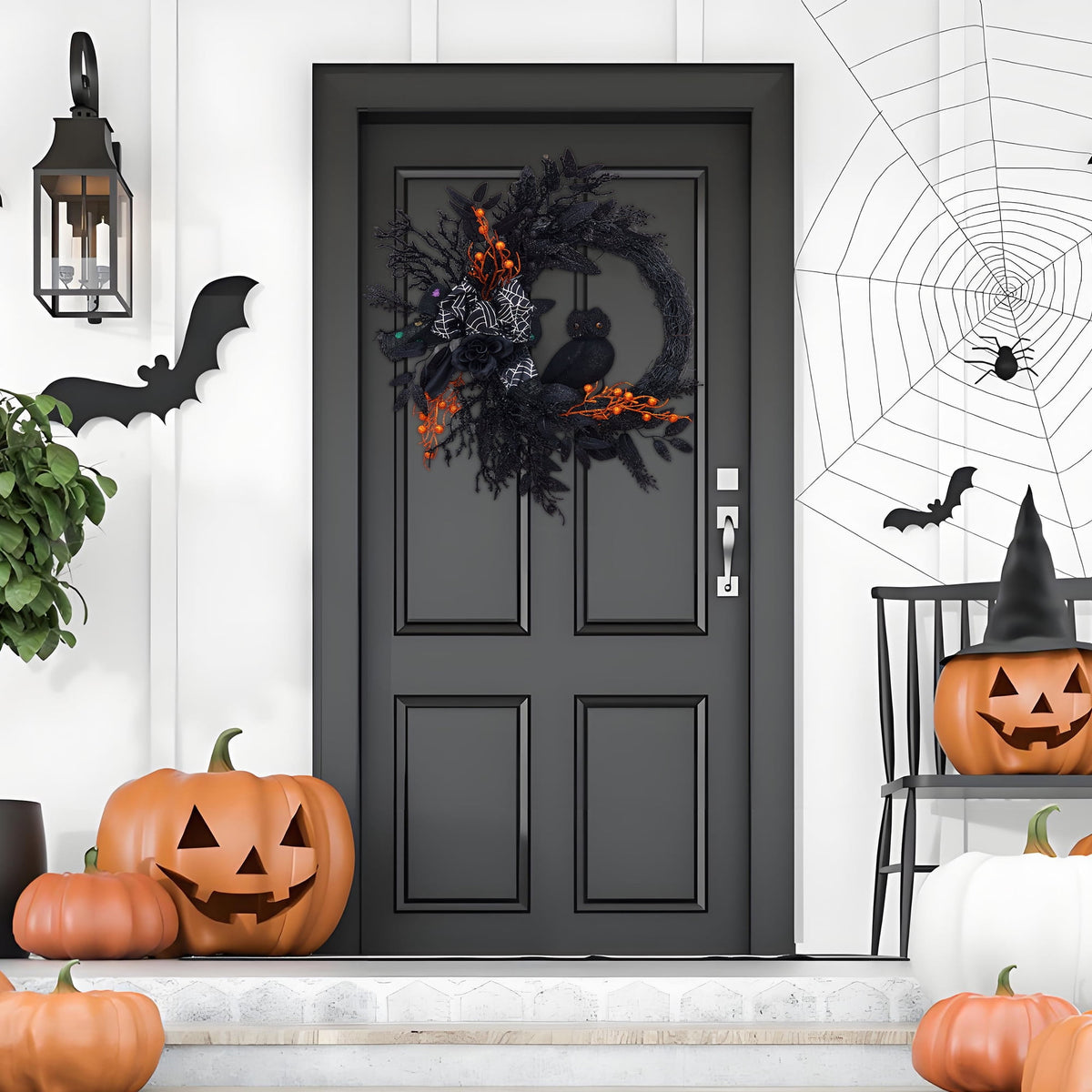 Festisoul 20'' Halloween Wreath for Front Door, Halloween Owl Wreath with Natural Vines and Artificial Roses, Spooky Halloween Props Decoration for Fireplace