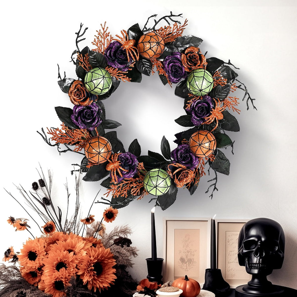 17.7 Inch Halloween Wreaths for Front Door, Spider Rose Wreaths for Indoor Outdoor Window Proch Wall Home Halloween Decoration