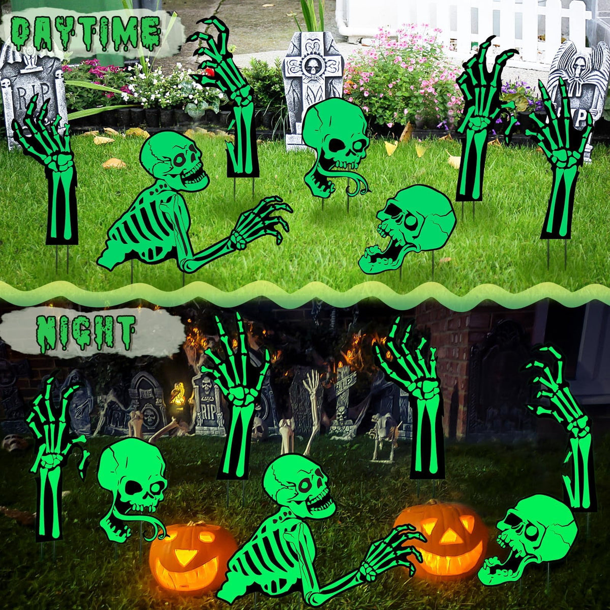 GuassLee 5pcs Glow in the Dark Skeleton Black Cat Silhouette Lawn Signs with Stakes for Halloween Lawn Garden Front Yard Decorations Outside