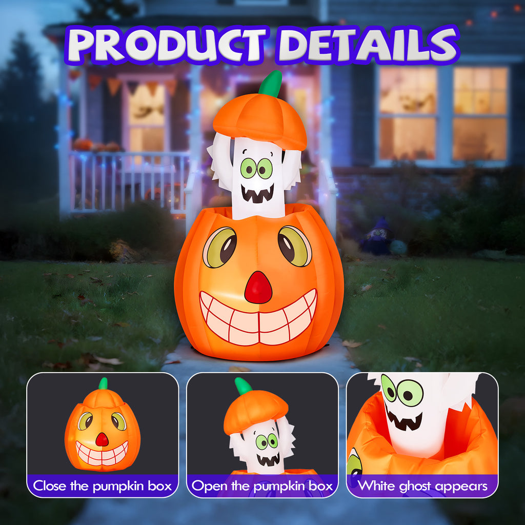 UBesGoo 2.8' Halloween Inflatables Animated Pumpkin Ghost, Outdoor Decorations Blow Up Yard Decor Built-in LEDs for Indoor Party Garden Lawn Decor
