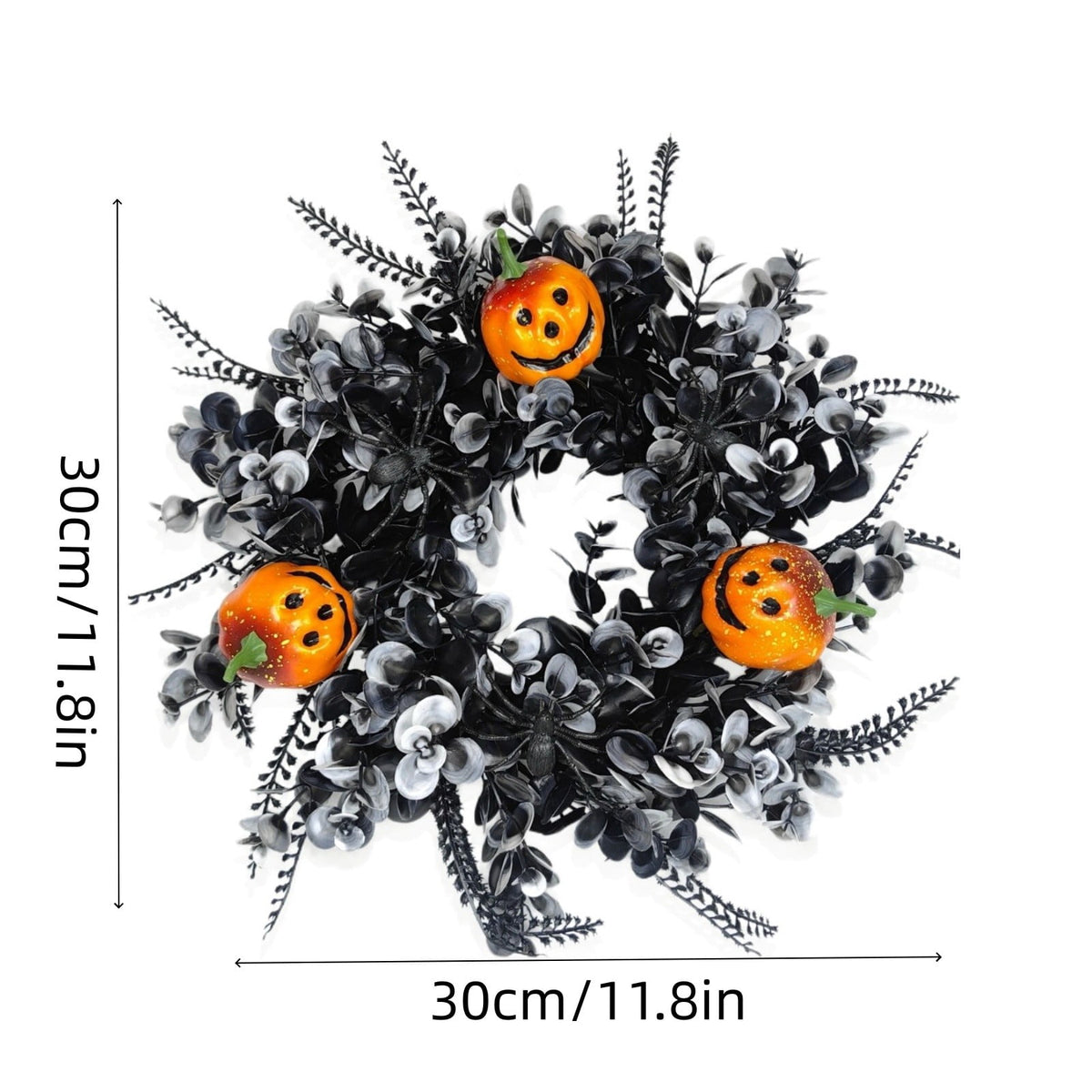 12 Inch Black Eucalyptus Halloween Wreath, Artificial Floral Door Wreath with Pumpkin Cutouts for Front Porch Indoor Door Halloween Party Gothic Home Decor