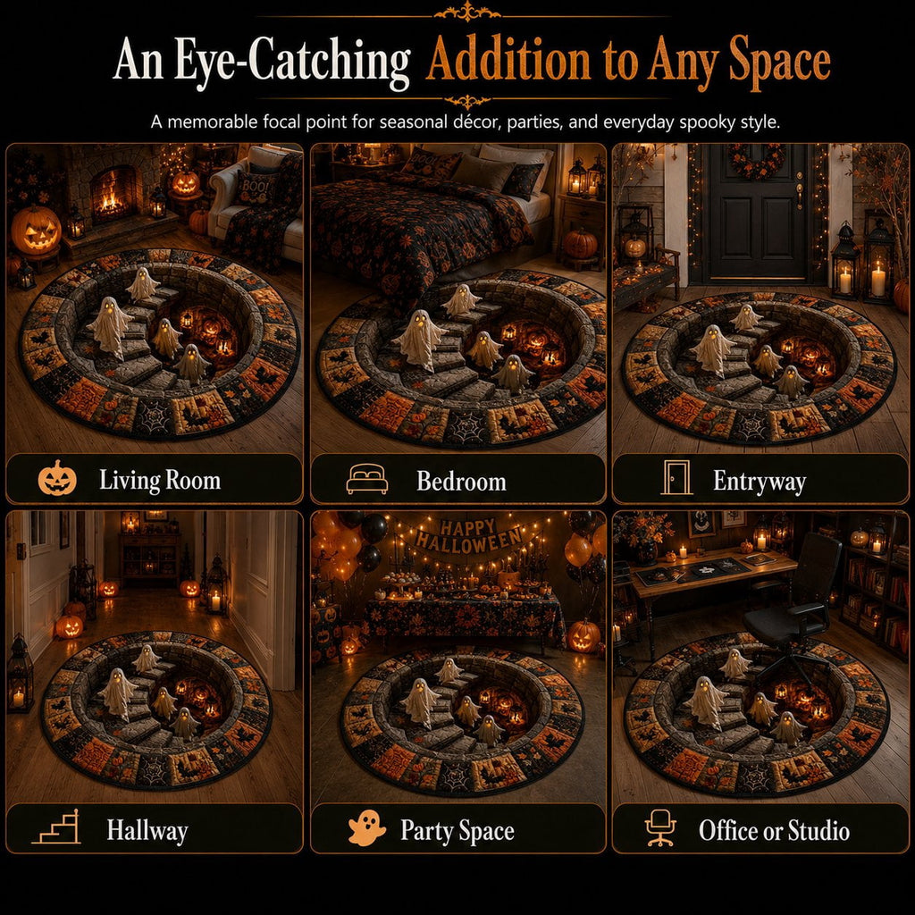 3D Optical Illusion Round Halloween Rug, Ghost Cave Stairwell Non-Slip Decorative Floor Mat