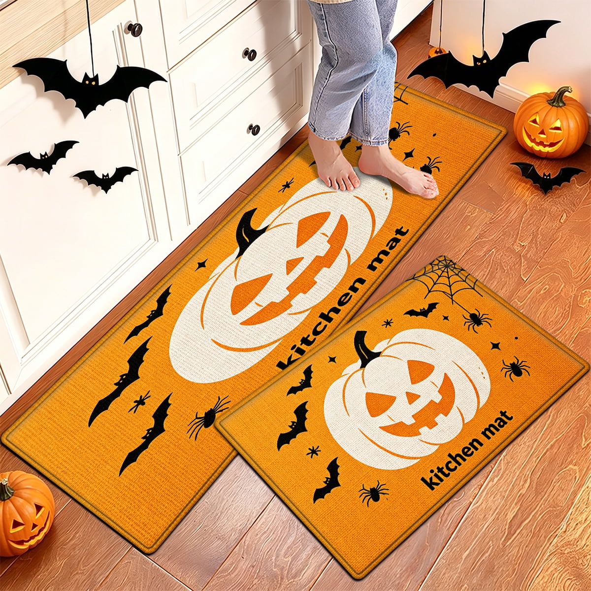 YIMEIS Halloween Orange Ghost Pumpkin Black Cat 1Pc Flannel Mat & Kitchen Rugs,Soft Non-slip,16''×24'' Inches,for Entryway Bathroom