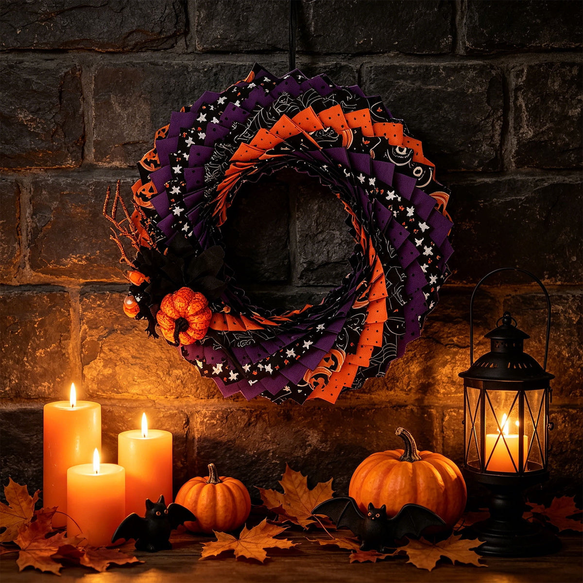 Halloween Wreath 16 Inch, Spooky Fabric Front Door Wreath with Pumpkin & Ghost, Orange Purple Black Fall Porch & Wall Decor