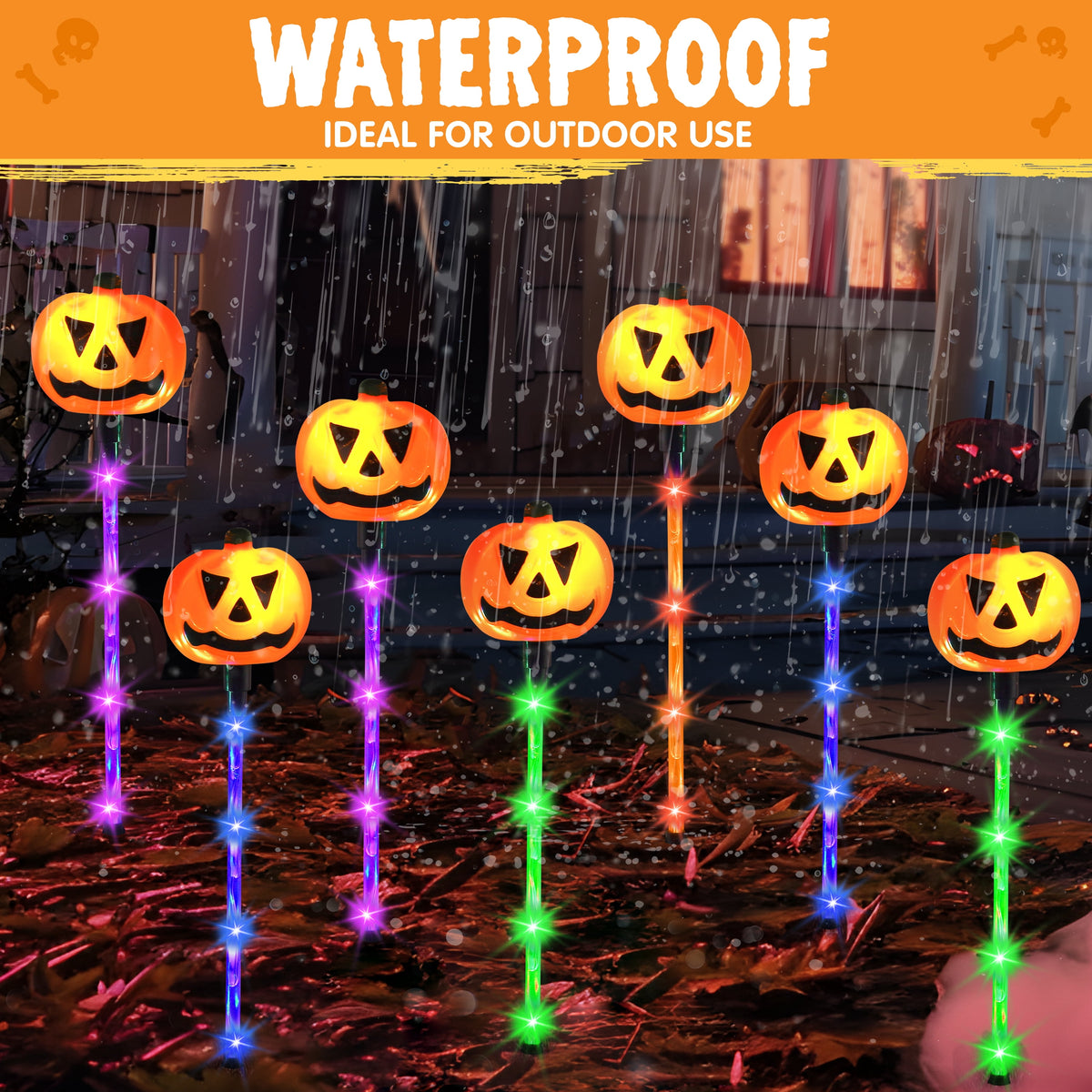 Joyfy 3 Pack 3D Halloween Skull Head Pathway Lights Decorations Outdoor, Battery Operated Spooky Skeleton Decor with 3 Stakes for Home Front Porch Yard Decor