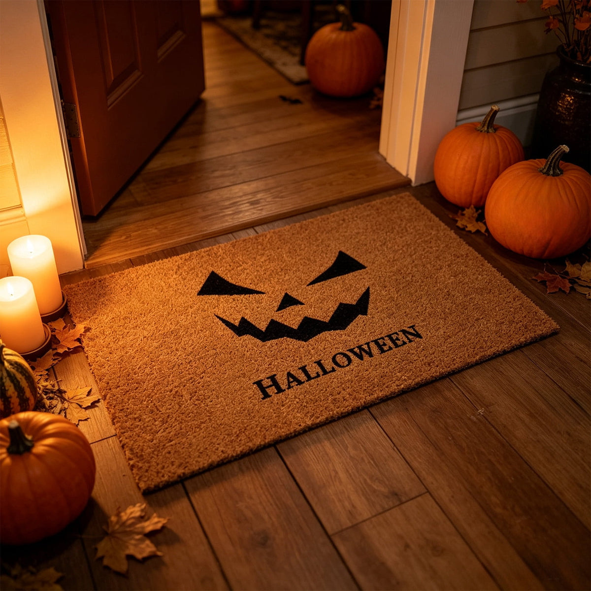 Cadancy Halloween Decoration Doormat Non Slip Coir Style Entrance Rug, Vintage Funny Pumpkin Skull Spider Pattern Front Door Mat, Outdoor Indoor Mud Scraper Porch Patio Home Decor
