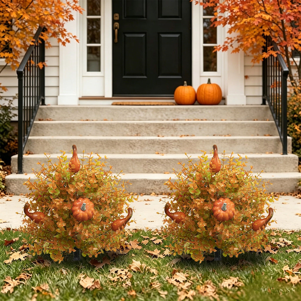 Fall Harvest Pumpkin Eucalyptus Stake, 22 Inch Artificial Halloween Outdoor Decoration, Plastic Floral Arrangement for Garden Pathway Yard