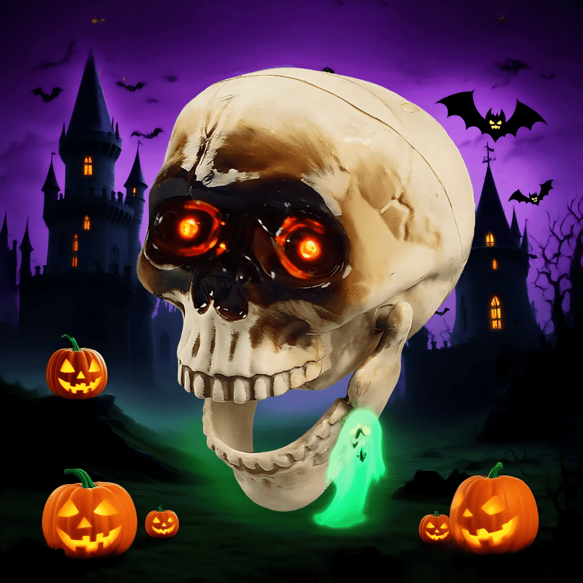 Halloween Animated Skull Head, Hanging Skeleton Head with Red Lighting Eyes Creepy Voice Scary Motion & Touch Sensor , Halloween Decor Prop for Indoor/Outdoor