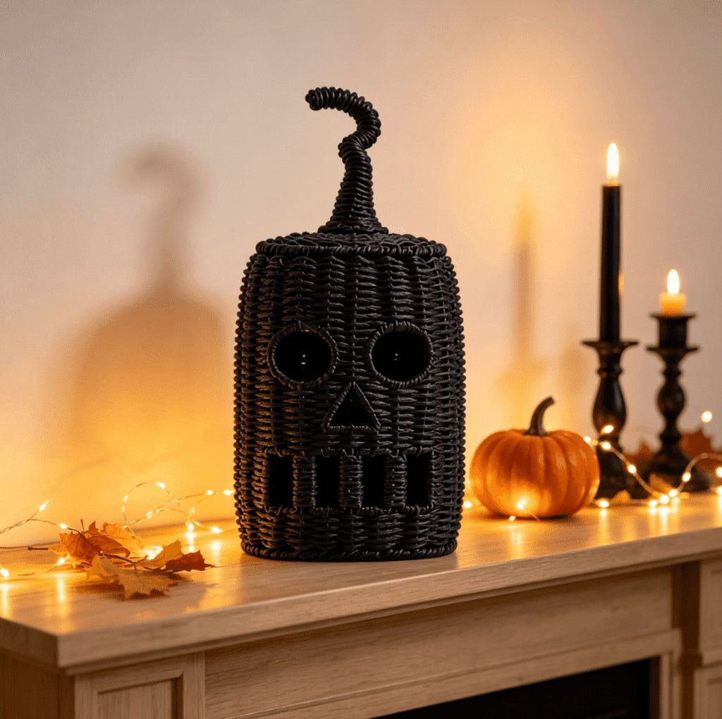 THOPBPRK 2026 Black Halloween Woven Pumpkin Jack-O'-Lantern, Halloween Decorations Pumpkin, USE LED Candle, Rattan Fall Halloween Decor for Home, 1Pack 11.8 Inch A