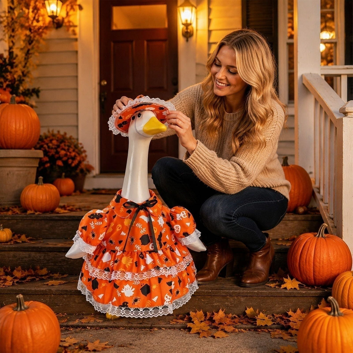 Halloween Garden Porch Decor, Porch Goose Outfits Halloween, 23 Inch Porch Goose Outfits, Witch Dress and Hat Set, Fits 23X11X26 Inch Standing Plush Goose for Front Porch Lawn