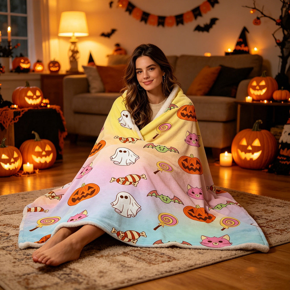 Halloween blanket,Halloween Print Throw Blanket Flannel Soft Cozy Decorative Nap Blanket with Ghost Pumpkin Skull for Office Bedroom Sofa Camping Travel(100x150cm/39x59 Inch),Black