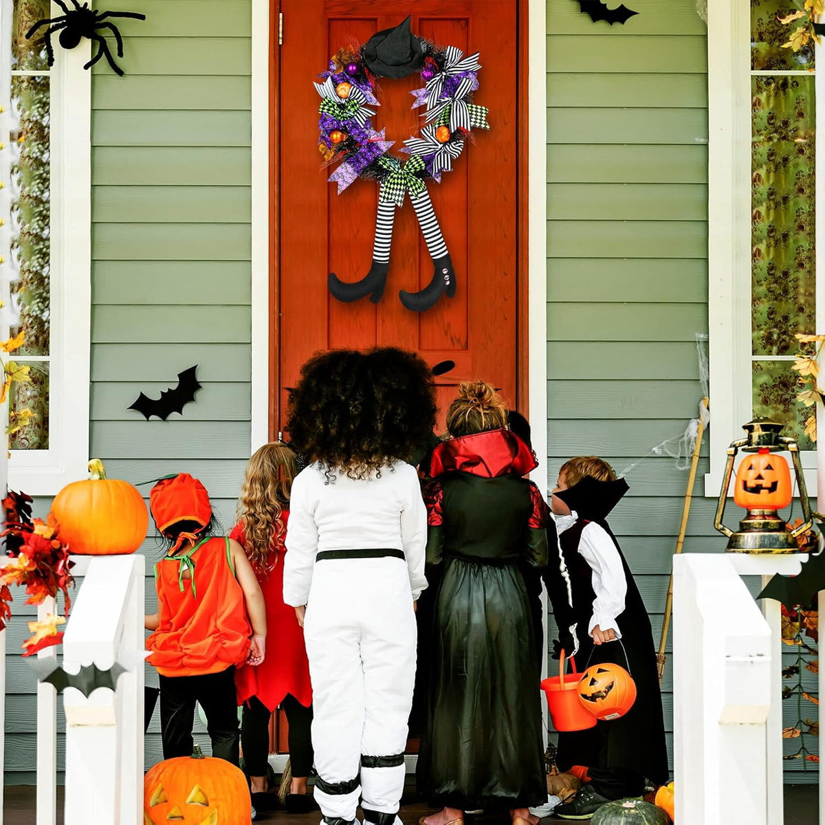 Halloween Wreath, 24Inch Halloween Wreaths for Front Door, Halloween Door Wreath with Hat Witches Legs and Pumpkin, Halloween Decorations for Front Door,Window,Indoor