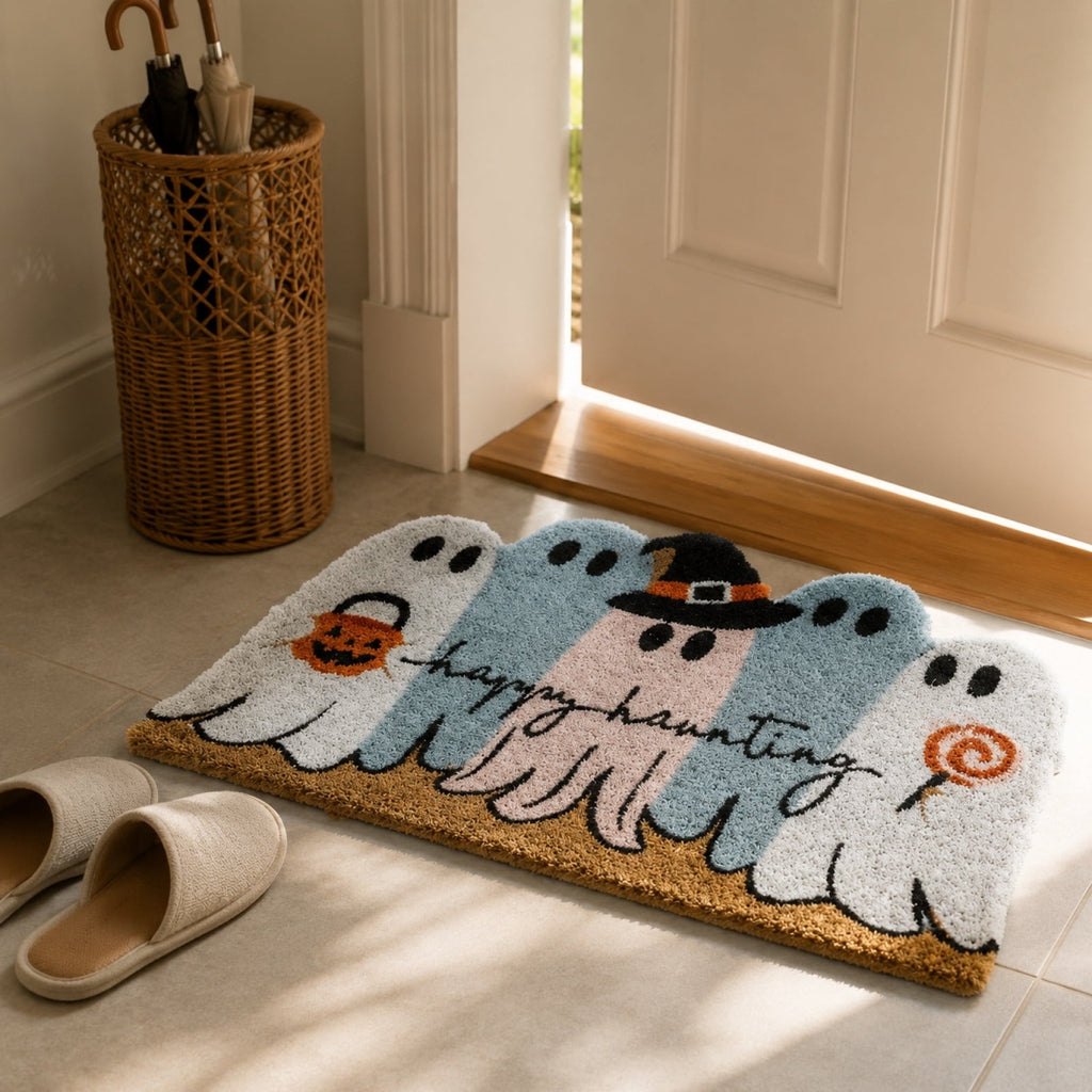 Halloween Ghost Welcome Doormat Outdoor Ghost Coir Door Mat Cute Outdoor Indoor Entrance Door Mat Non Slip Rubber Backing for Halloween Front Porch Entryway Decor
