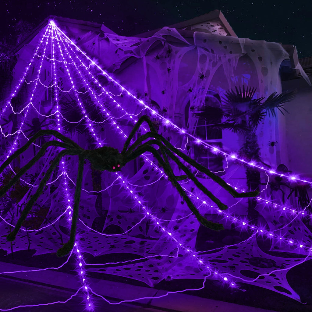 Scidweet Halloween Decorations Outdoor, 350 LED Halloween Spider Web Lights with 79" Large Spider for Garden Yard Home Decor, Multicolor