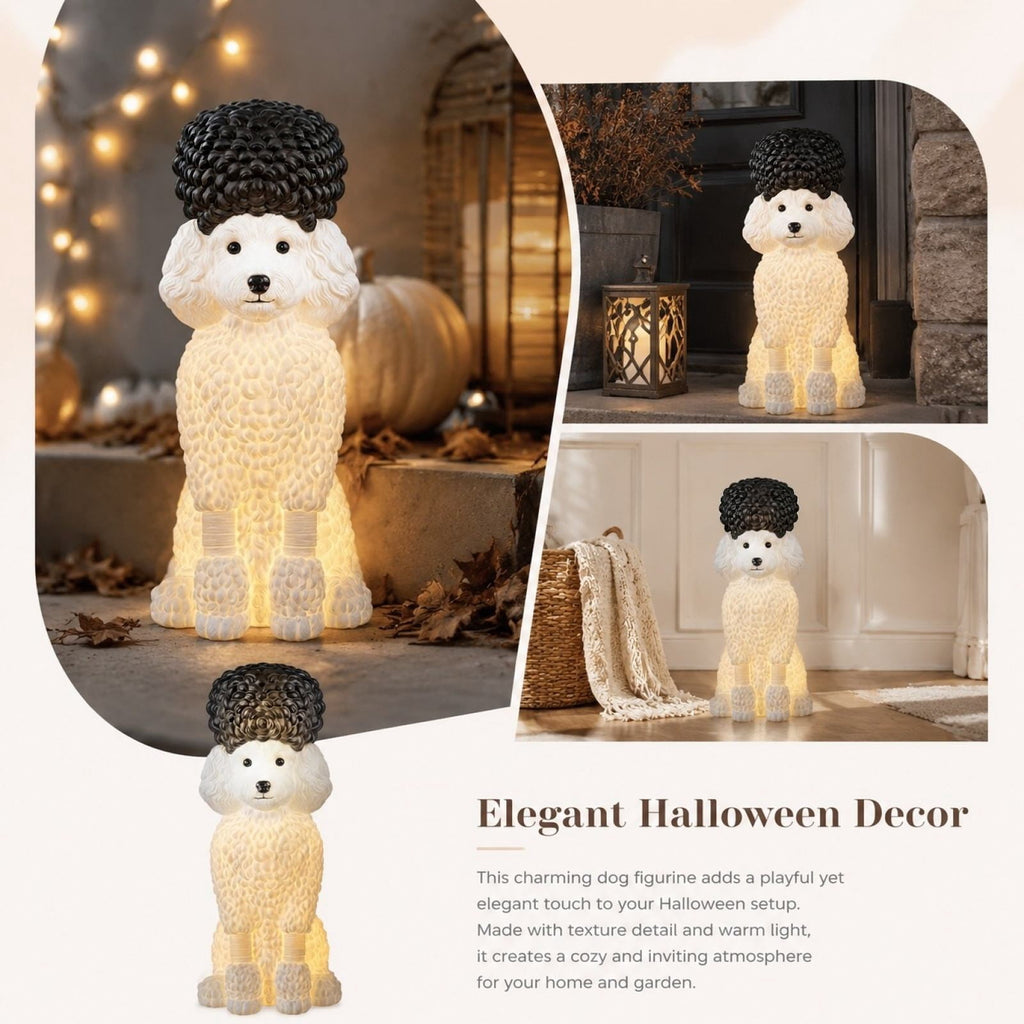 Clearance 7.8" Lighted Poodle Dog Figurine - Resin Warm Glow Statue with Dark Top Knot, Battery Operated Night Light, Cute Tabletop Decor for Home, Nursery, and Pet Lovers