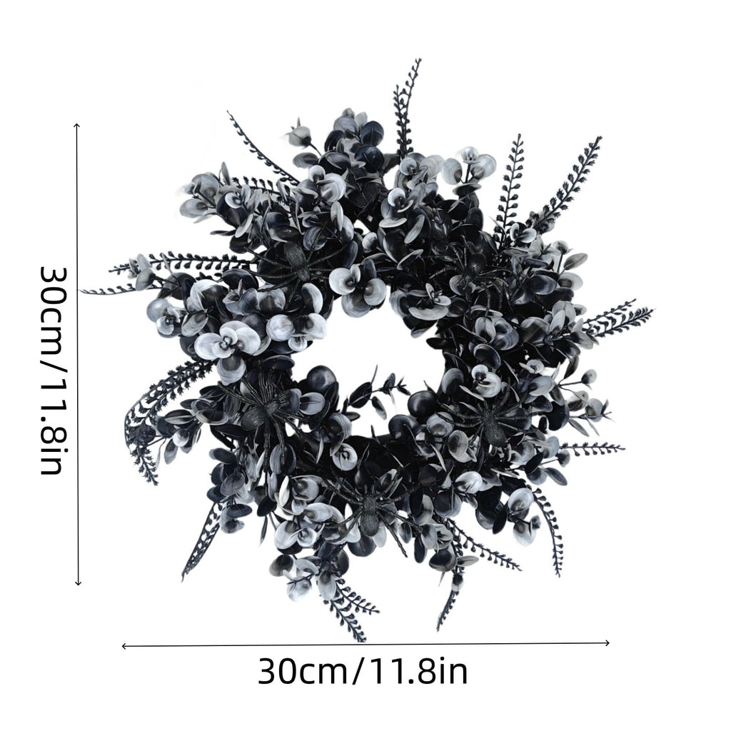 12 Inch Black Eucalyptus Halloween Wreath, Artificial Floral Door Wreath with Pumpkin Cutouts for Front Porch Indoor Door Halloween Party Gothic Home Decor