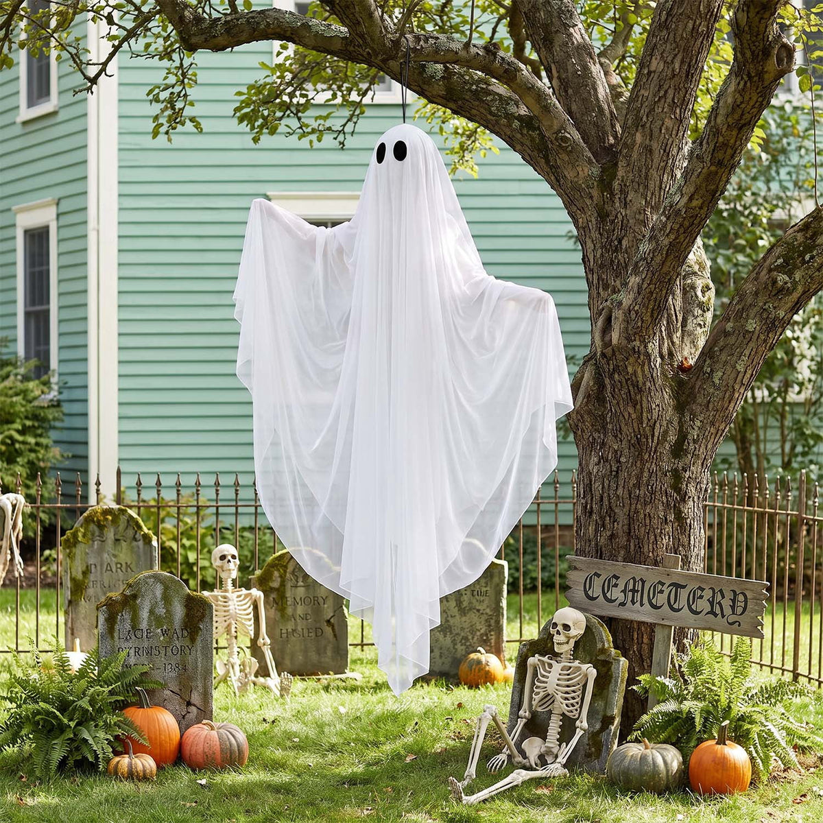 Ayieyill Halloween Ghost Decor with Blue LED Light, 47” Light up Hanging Ghost Halloween Yard Porch Decorations Outdoor