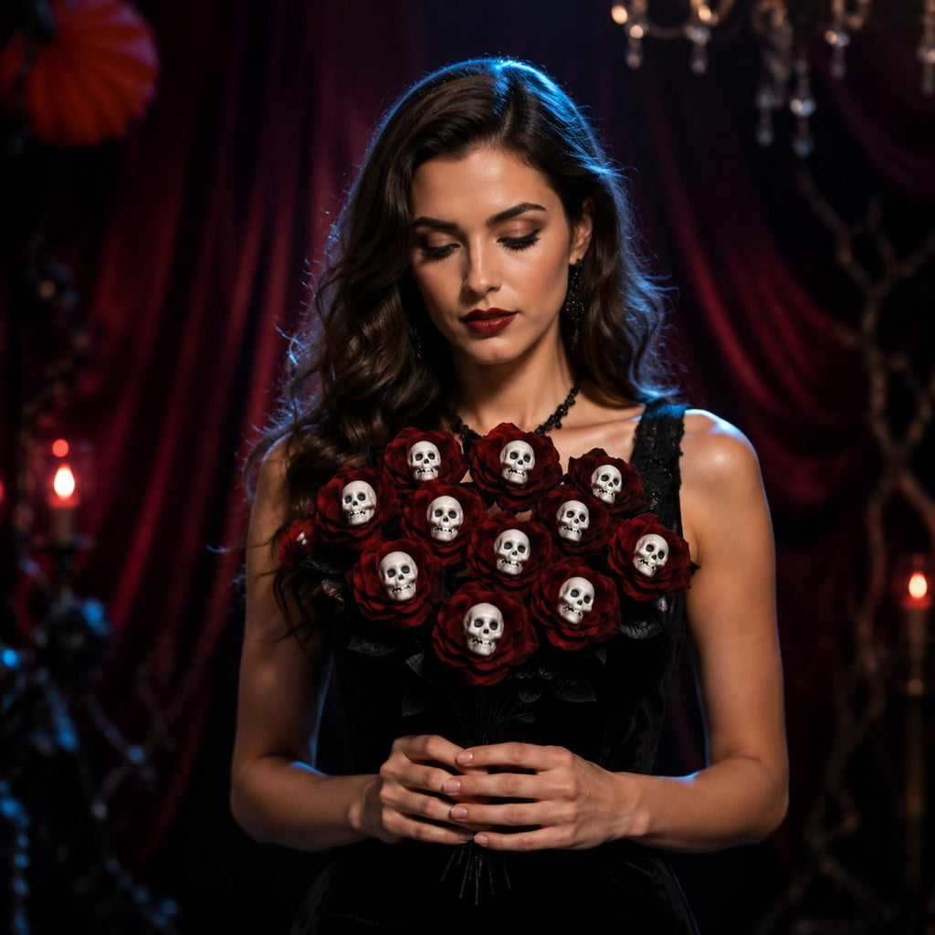 Halloween Artificial Rose Flower with Skull Head, Fake Silk Rose Bouquet, Red or Black Roses with Mini Skull