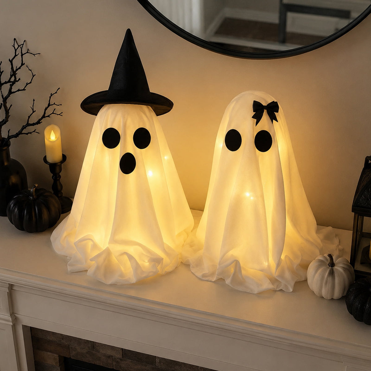 Halloween Decorations Indoor Light Up Ghosts with Bow, Easy to Assemble Light Up Spooky Ghosts Decoration Halloween Party Decorations for Porch Yard Mantel Home