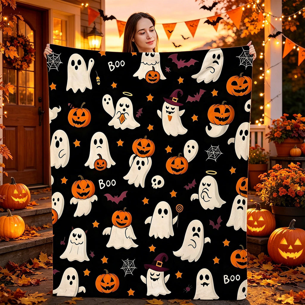 Halloween blanket,Halloween Print Throw Blanket Flannel Soft Cozy Decorative Nap Blanket with Ghost Pumpkin Skull for Office Bedroom Sofa Camping Travel(100x150cm/39x59 Inch),Black