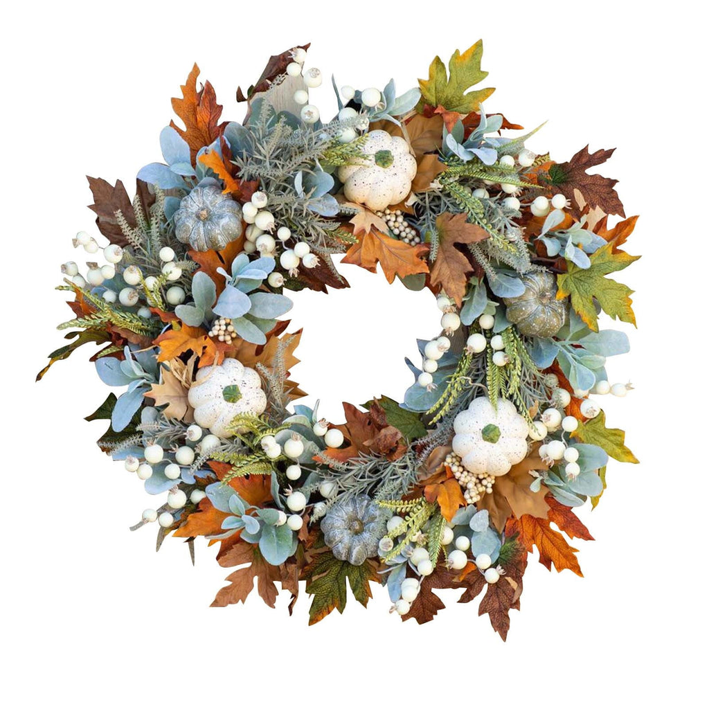 Fall Wreaths for Front Door, Rustic Autumn Artificial Wreath with Pumpkin, Rose, Berry Branchesm, Mixed Leaves, Fall Door Wreath Fall Decorations for Home Halloween Thanksgiving Indoor Outdoor Decor