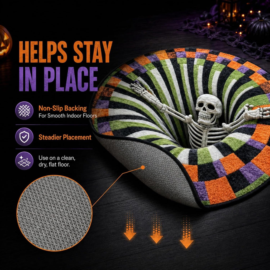 3D Halloween Rug, skeleton vortex quilted round Mat (#B,140 cm / 55.1 in) | 3D Candy Corn Abyss Quilted Round Mat with Spooky Depth Design Crystal Velvet Soft & Durable Fabric Non-slip