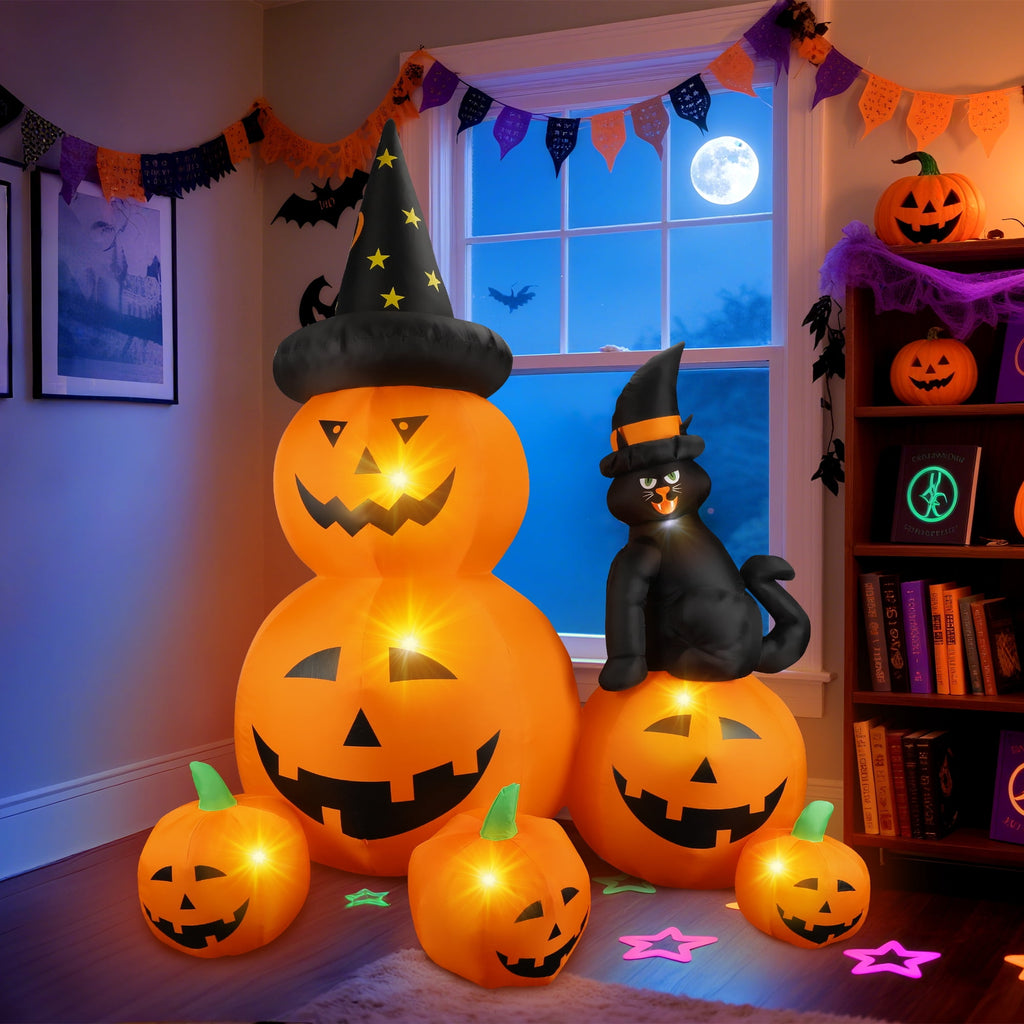 MAGOTAN 8 ft Halloween Inflatable Pumpkin Halloween Inflatable Pumpkins Ghost Tombstone Outdoor Yard Decoration Build-in 7 LED White Lights