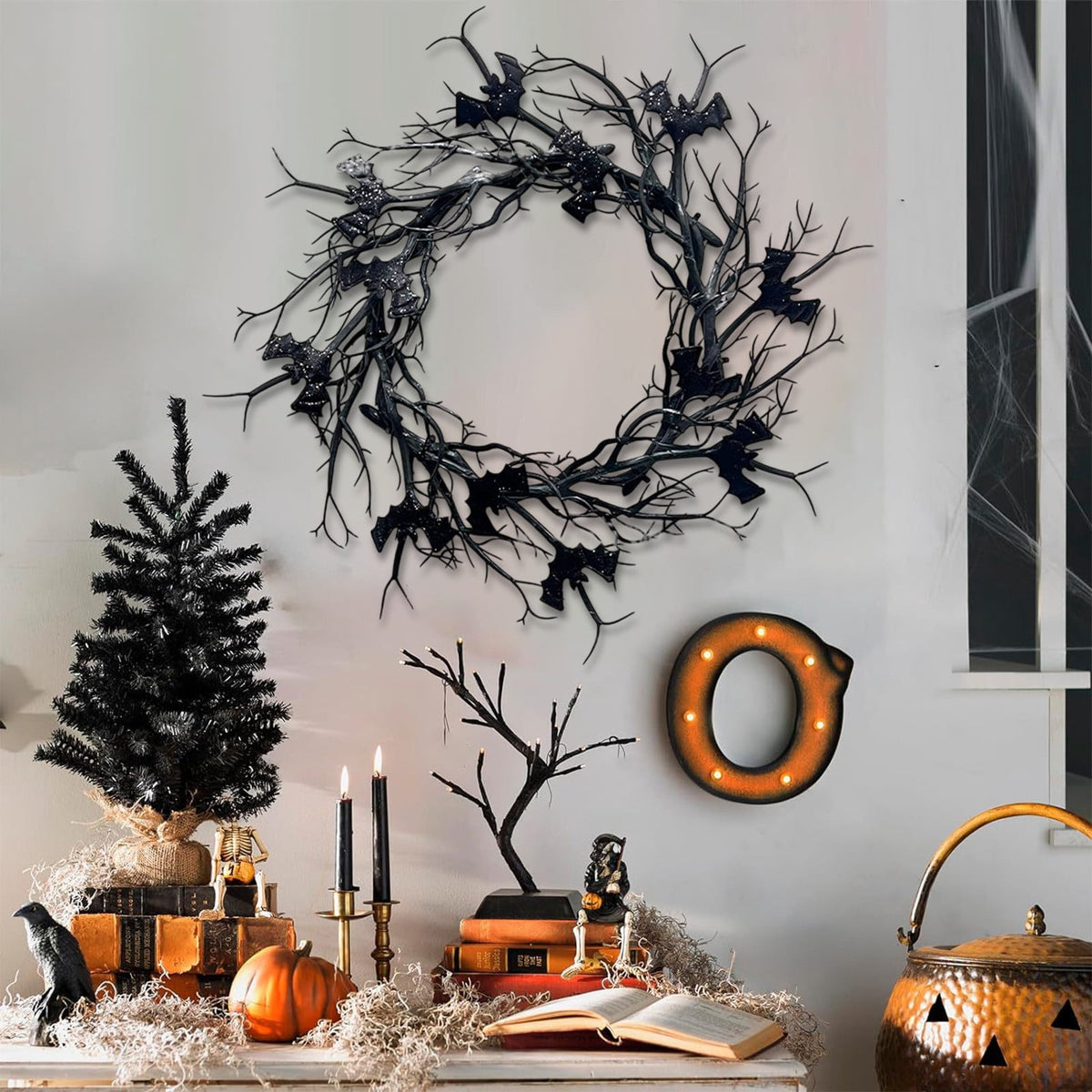 Halloween Wreath, Black Twig Wreath for Front Door, Artificial Spooky Branch Decor for Indoor Outdoor Home Party, Wall Hanging Ornament