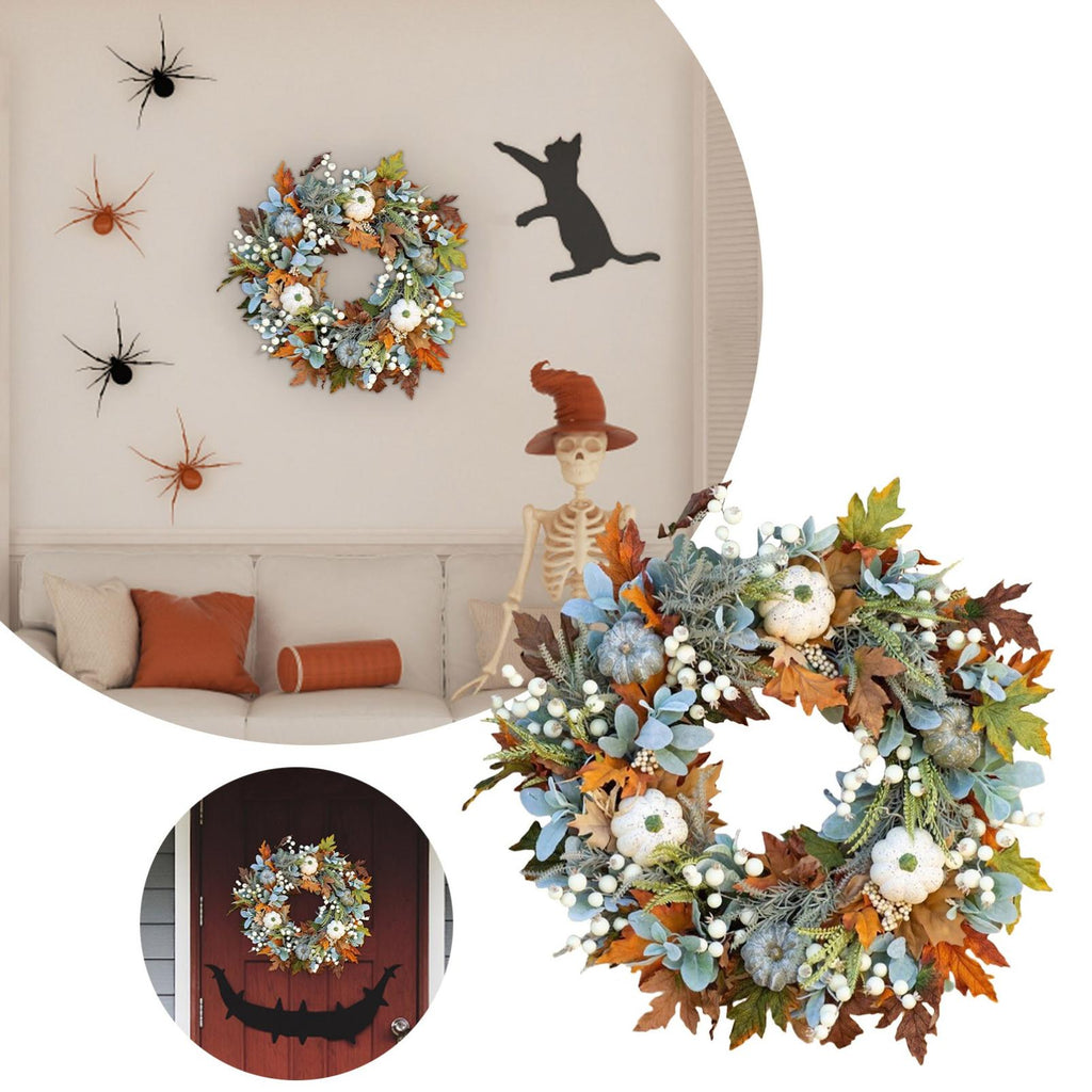 KMWGRE Farmhouse Autumn Wreath for Front Door -Grapevine Wreath Rustic Fall Decor with Artificial Pumpkins, Roses & Berry Branches, Thanksgiving Halloween Wreath