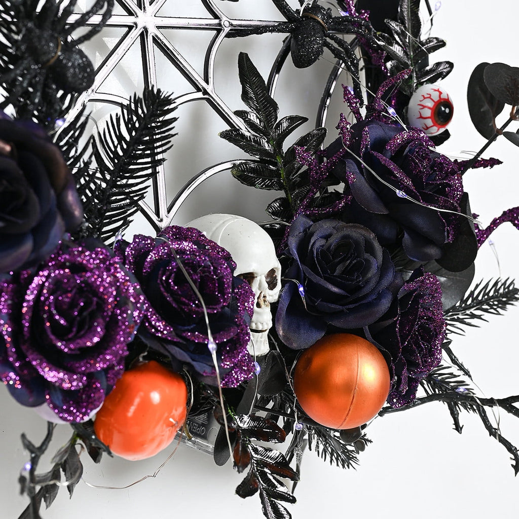 SDJMA Halloween Wreath Front Door Decoration, 18'' Artificial Skull Wreathhandmade Black Grapevine Wreath With Pumpkin Rose Spider, For Indoor Outdoor Home Halloween Party Decoration