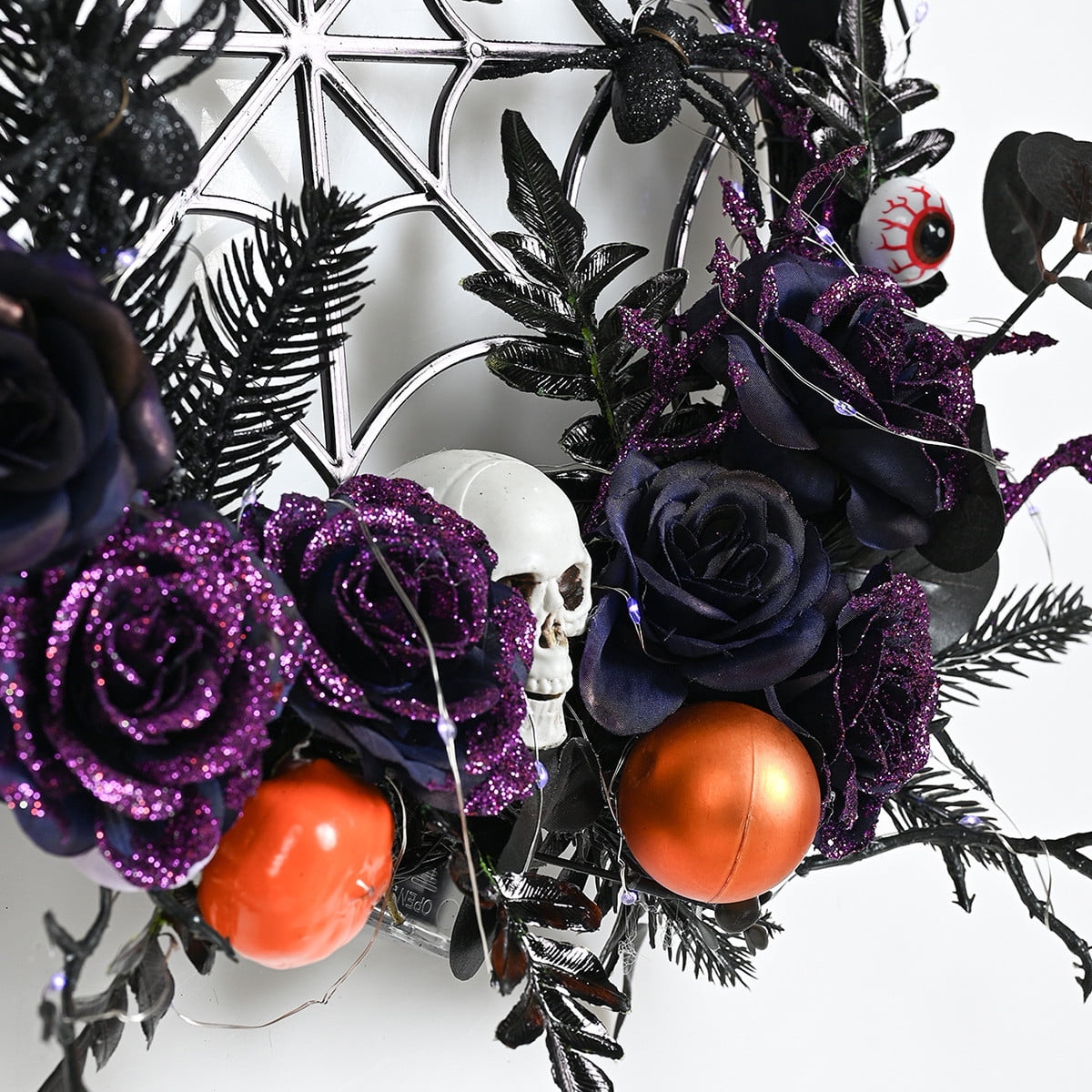 CASAFUN Halloween Wreath for Front Door 15 Inch Black Spider Web and Horror Skull Fake Flowers Ornamnets Scary Halloween Decor Spooky Home Party Fireplacce Window Wall Hanging Decor