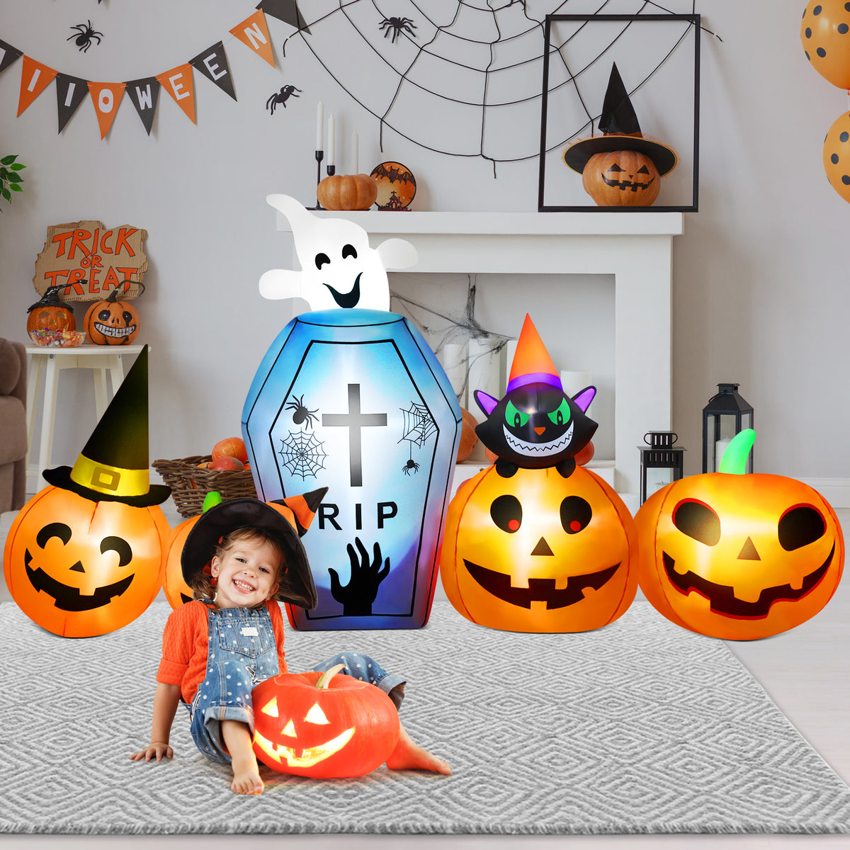 Yexmas 10ft Halloween Inflatable Pumpkins Outdoor Decor with Black Cat Tombstone and Spectre,Built-in LED Lights,for Halloween Party,Yard,Garden,Lawn